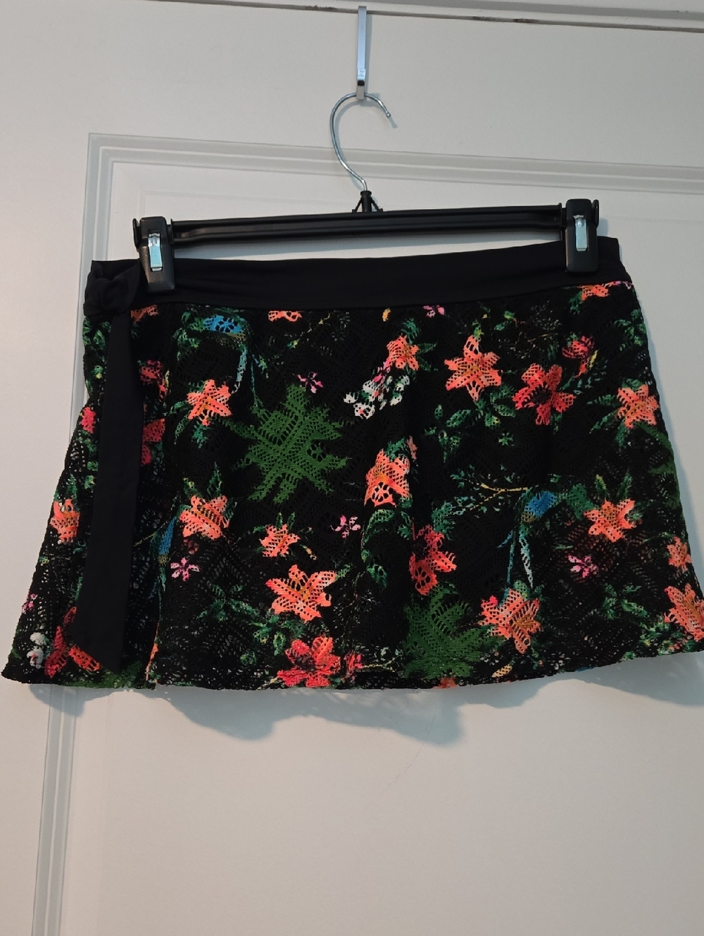 Women’s Black Floral Swim Skirt with Coral & Green Print